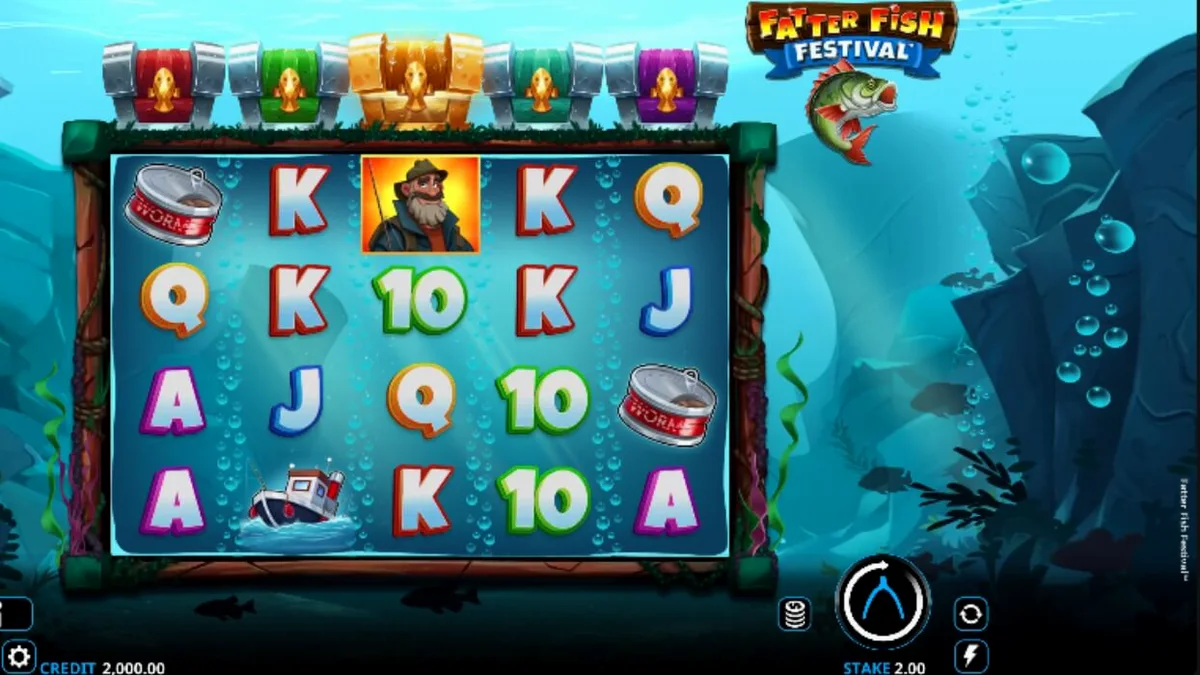 Tampilan visual slot Fatter Fish Festival dengan tema karnaval bawah laut yang ceria