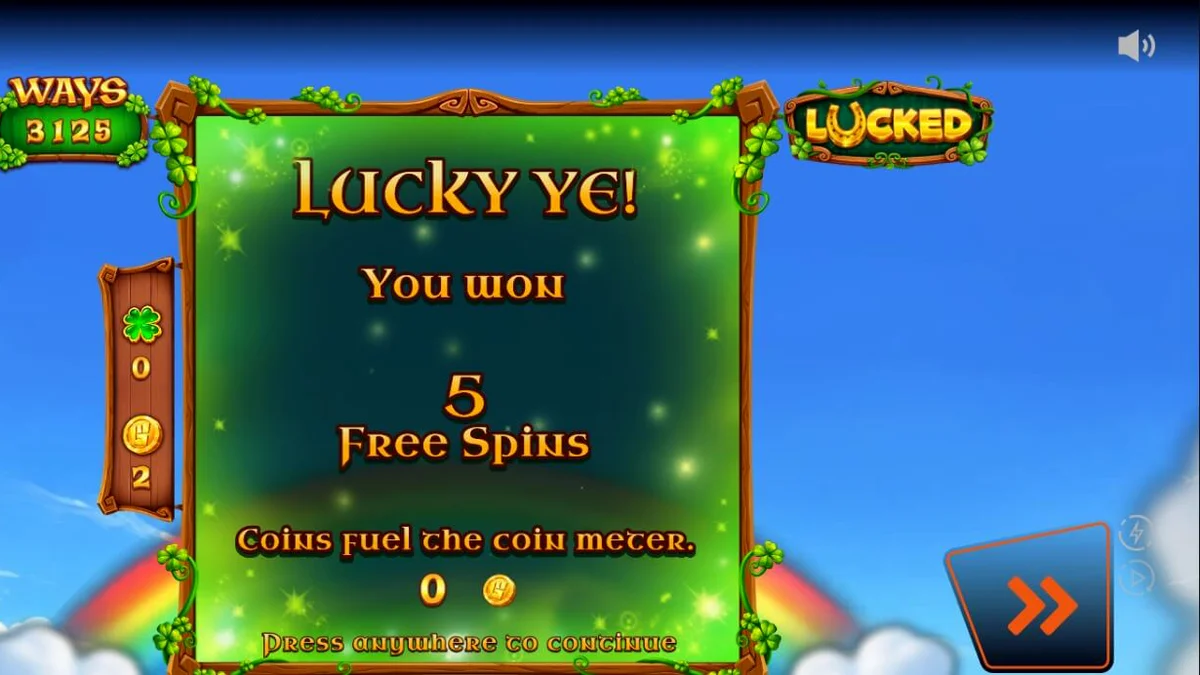 Leprechaun dan grid permainan slot Lucked dengan latar belakang lembah hijau